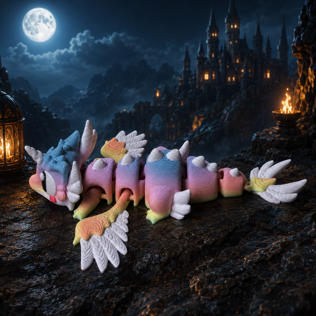 Zijaanzicht regenboog draak, 3D-geprint fantasy verzamelobject