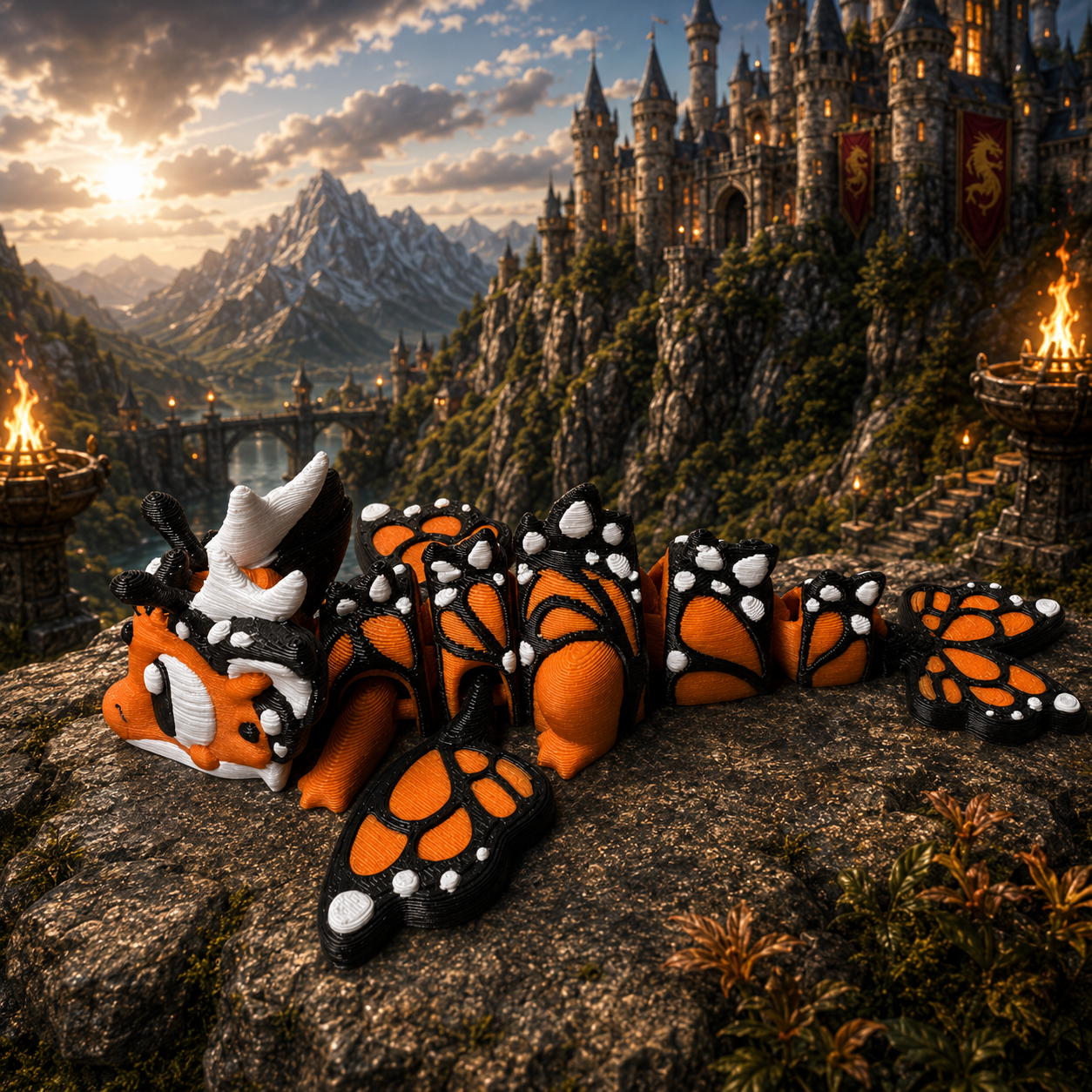 3D-geprinte vlinder draak in oranje en zwart, beweegbaar lichaam