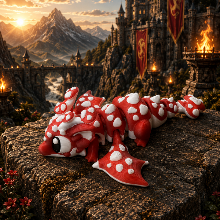 3D-geprinte paddenstoeldraak in rood en wit, beweegbaar lichaam