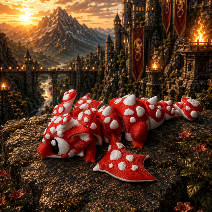 Zijaanzicht paddenstoeldraak, 3D-geprint fantasy verzamelobject