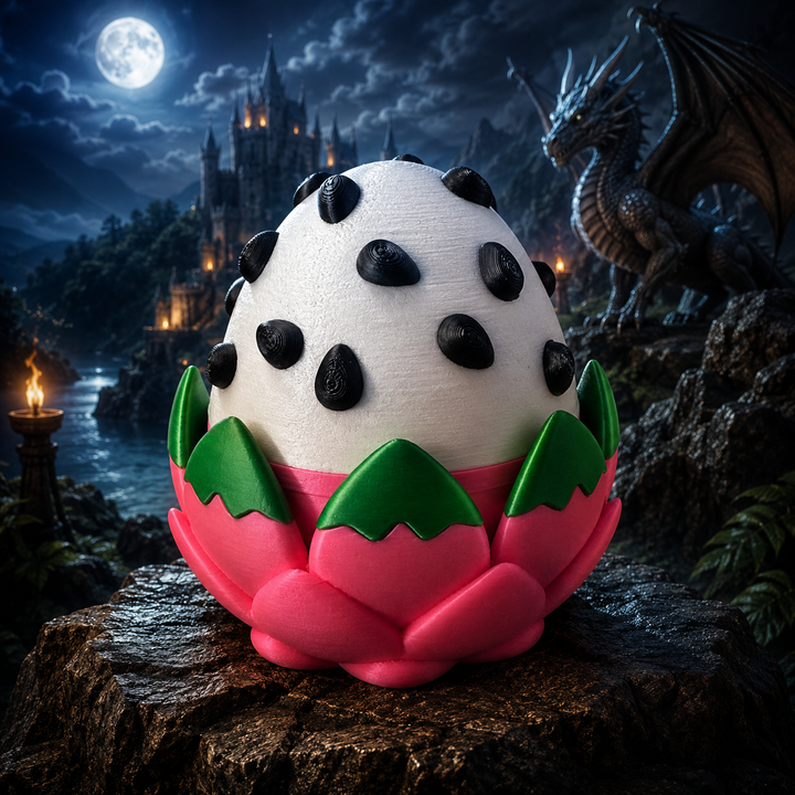 Detailfoto drakenfruit drakenei, 3D-geprint met kleurrijke details
