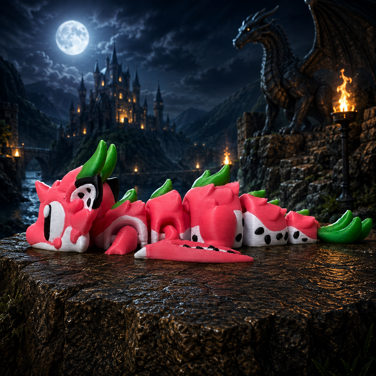 Zijaanzicht drakenfruit draak met ei, 3D-geprint in roze PLA