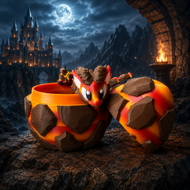 3D-geprinte lava draak met ei in rood en oranje, beweegbaar lichaam
