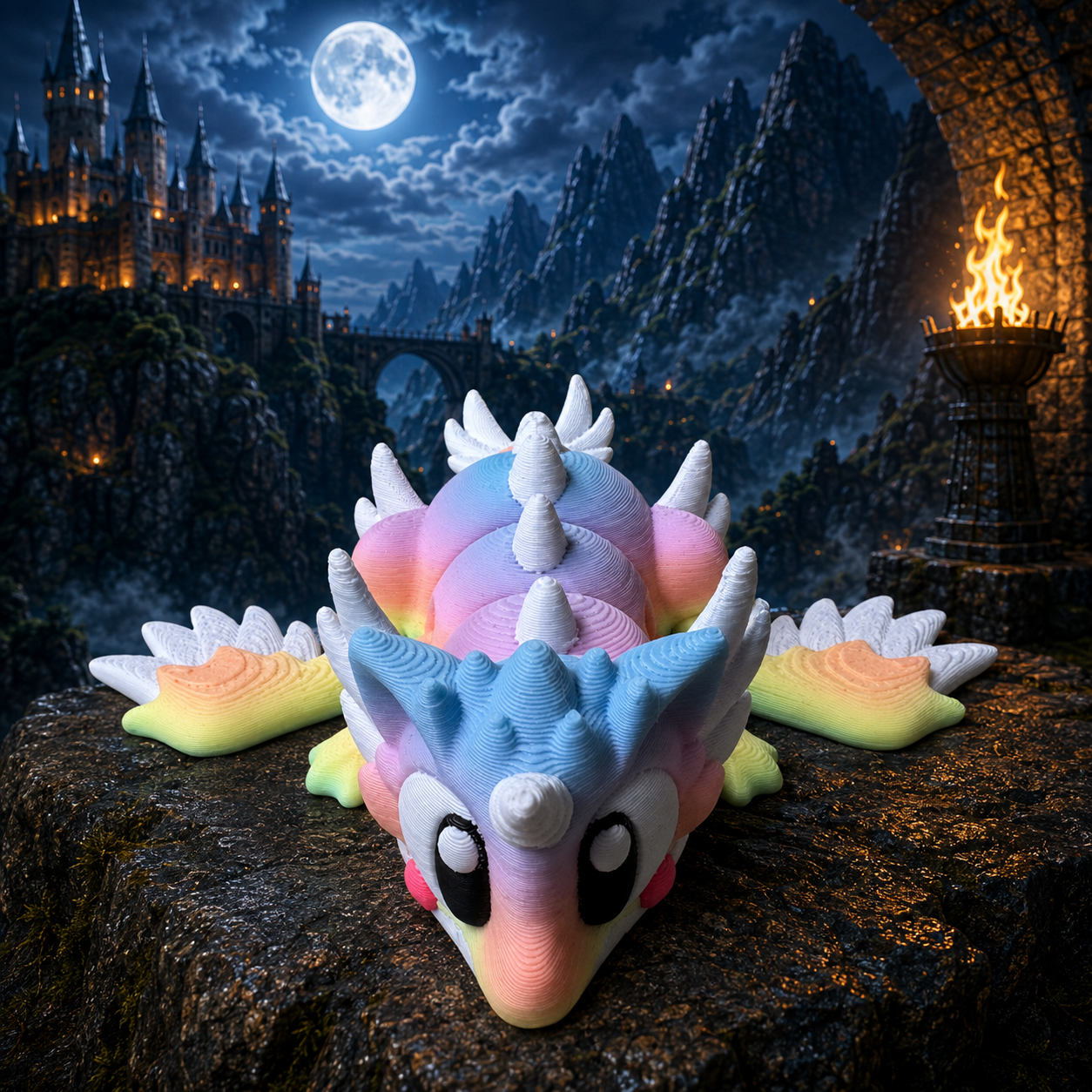 Vooraanzicht regenboog draak met drakenei, 3D-geprint fantasy verzamelobject