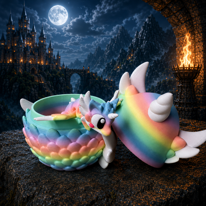 3D-geprinte regenboog draak met ei in meerdere kleuren, beweegbaar lichaam