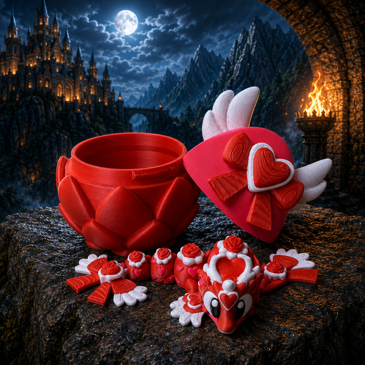 3D-geprinte liefdes draak met ei in rood en roze, beweegbaar lichaam