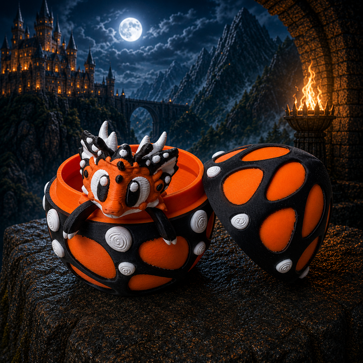3D-geprinte vlinder draak met ei in oranje en zwart, beweegbaar lichaam