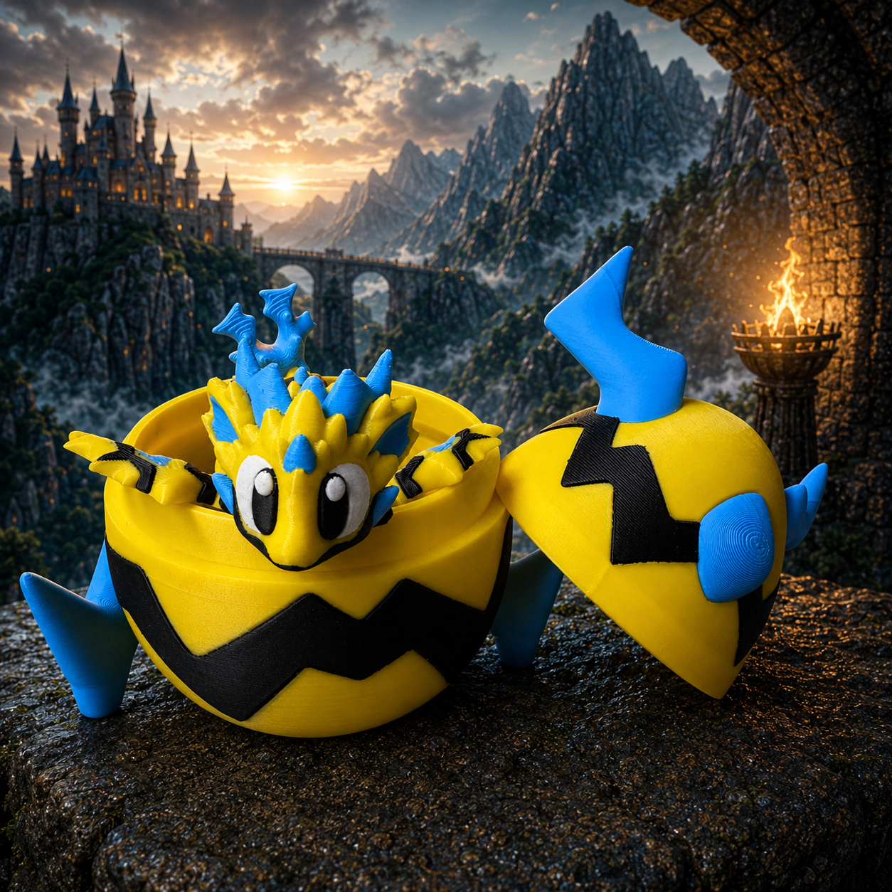 3D-geprinte bliksem draak met ei in geel en blauw, beweegbaar lichaam