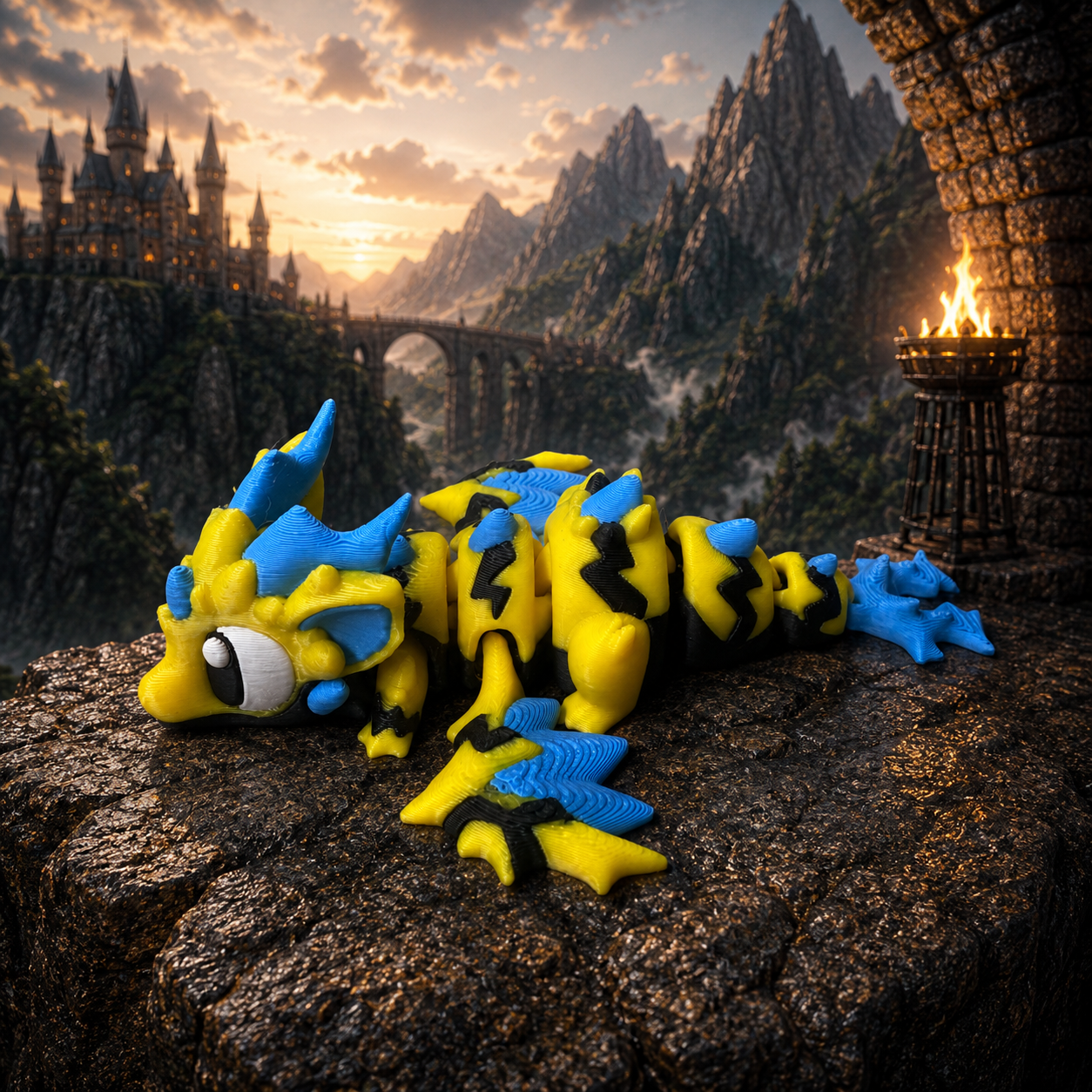 3D-geprinte bliksem draak in geel en blauw, beweegbaar lichaam