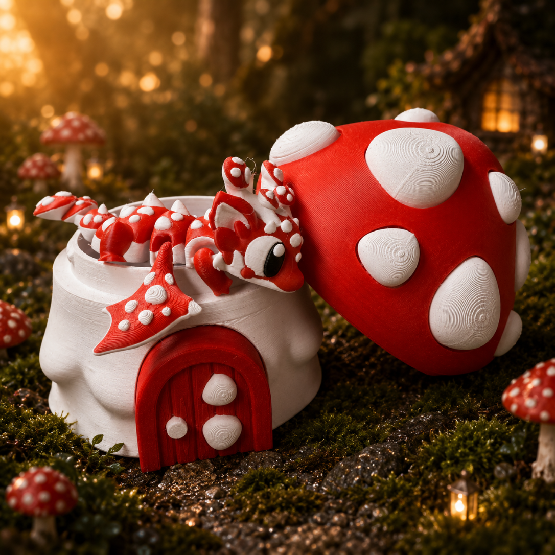 3D-geprinte paddenstoel draak met paddestoel, beweegbaar lichaam