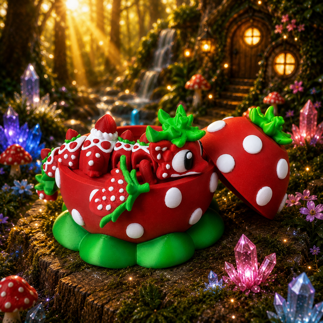 3D-geprinte aardbeien draak met ei in rood en groen, beweegbaar lichaam