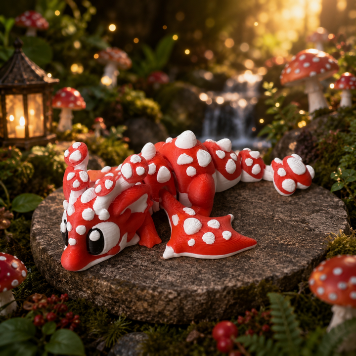 Zijaanzicht paddenstoel draak met paddestoel, 3D-geprint fantasy verzamelobject