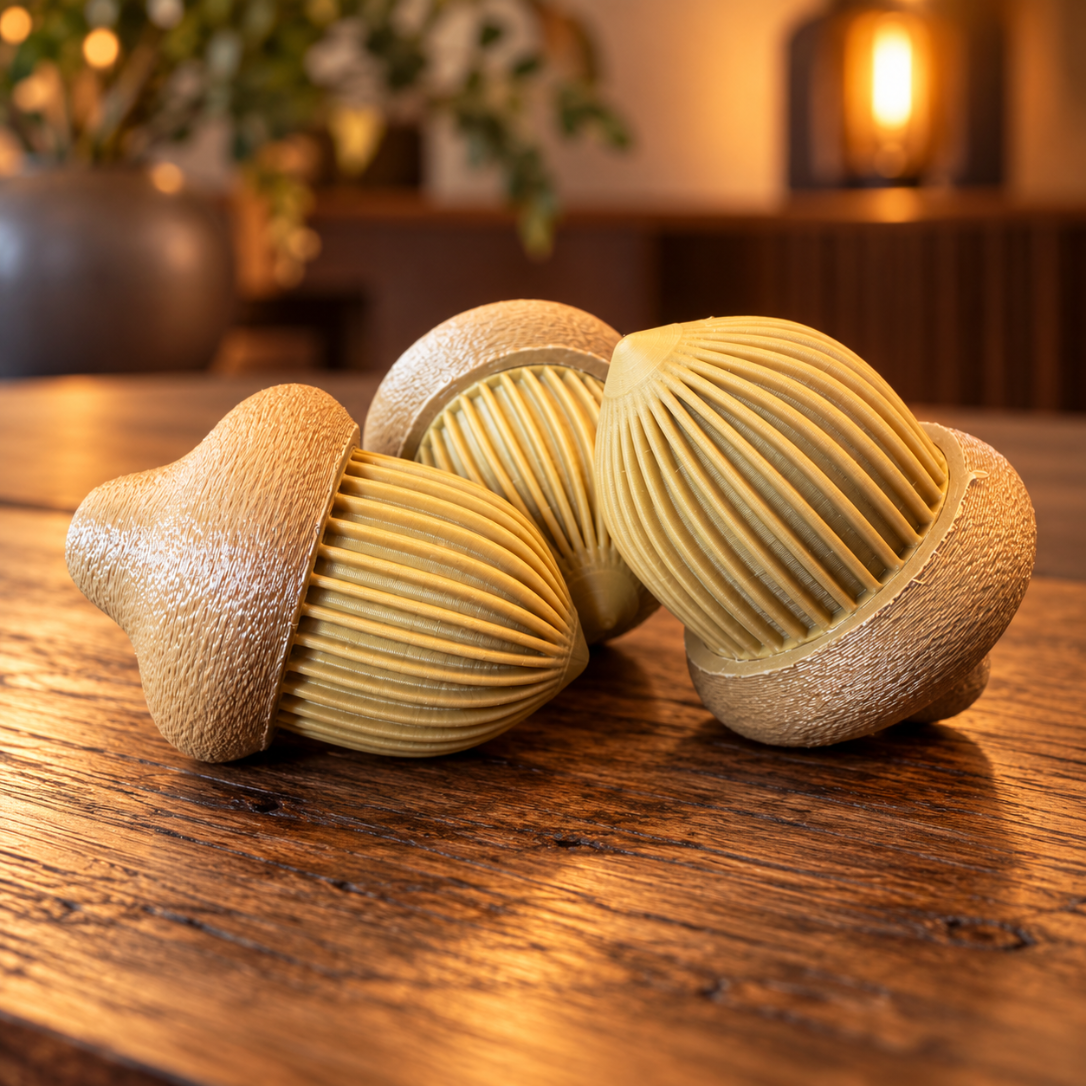 “Drie beige 3D-geprinte decoratieve eikels met geribbelde vormen op een houten tafel.”