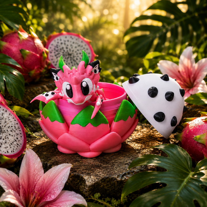 3D-geprinte fantasiedraak met drakenei geïnspireerd op drakenfruit, roze en groen PLA
