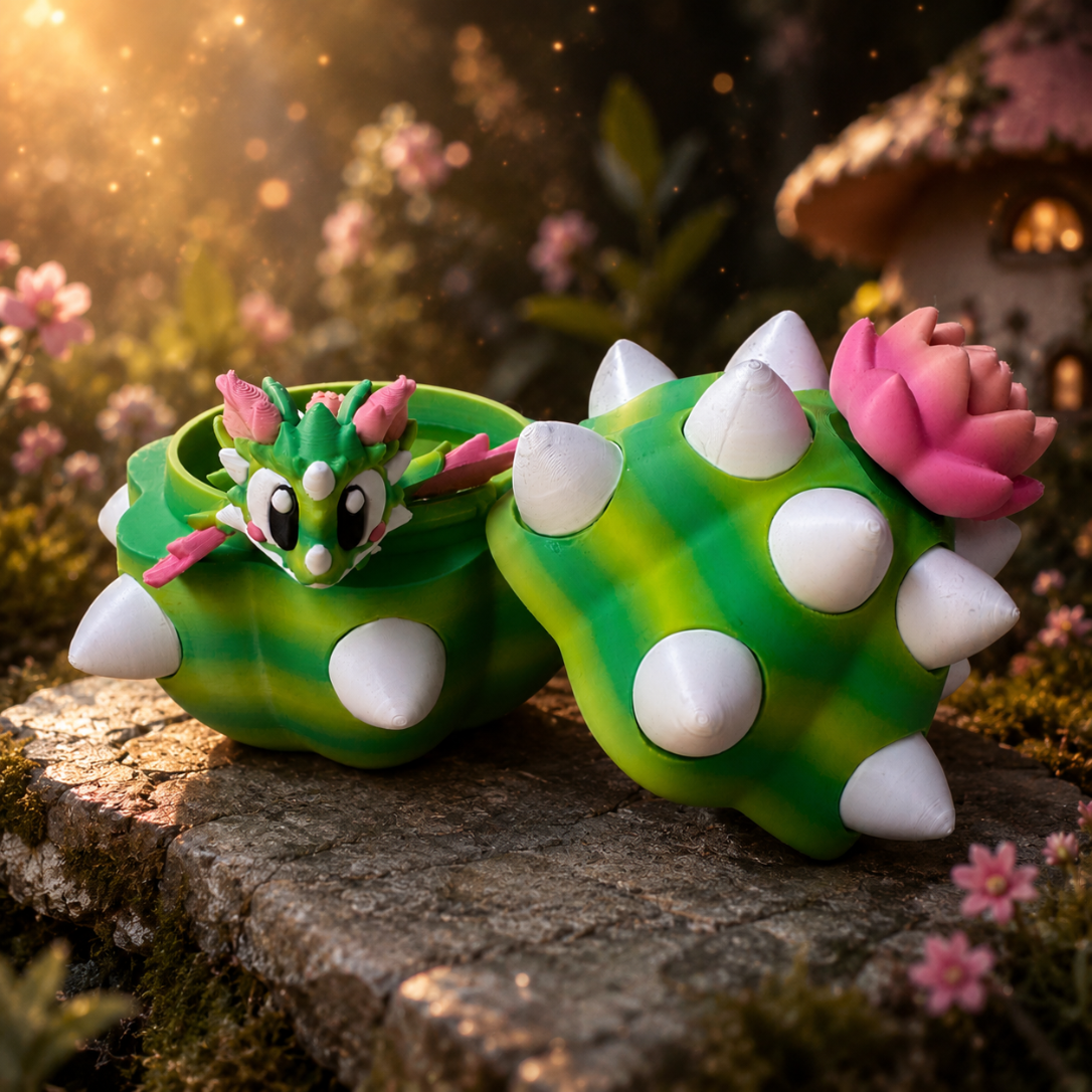 3D-geprinte cactus draak met bijpassend drakenei in groen, handgemaakt met PLA