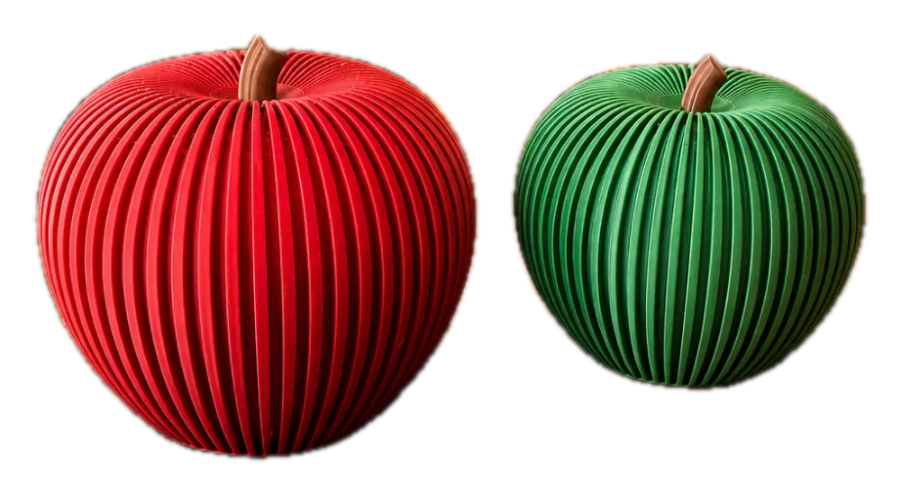 Appels decoratie: twee 3D-geprinte appels in rood en groen naast elkaar