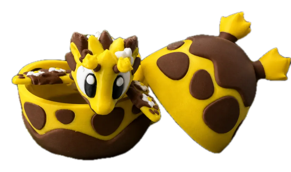 Bijen draak met ei, beweegbare draak in geel, bruin en wit met bloemaccenten, 3D-geprint