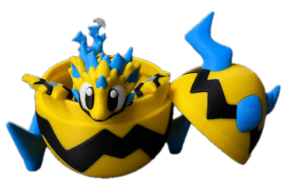 Bliksem draak met ei: geel-blauwe draak naast een tweedelig drakenei met zwarte bliksems