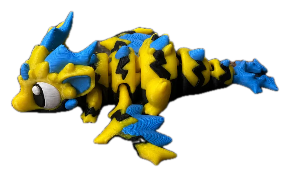 Bliksem draak in geel en blauw met zwarte bliksems en gelede segmenten