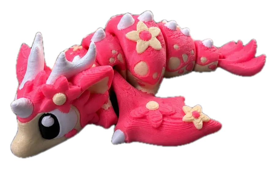 Bloesem draak in roze met parelwitte hoorns en kleine witte bloesems, 3D-geprint