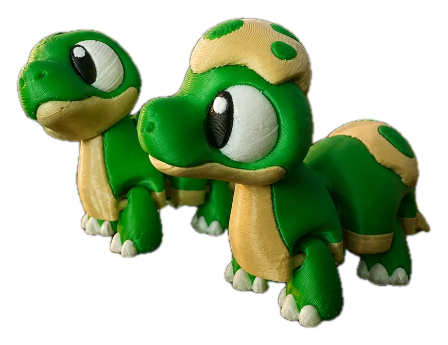 Brachiosaurus duo: een grote en een kleine groene 3D-geprinte dino met lange nek