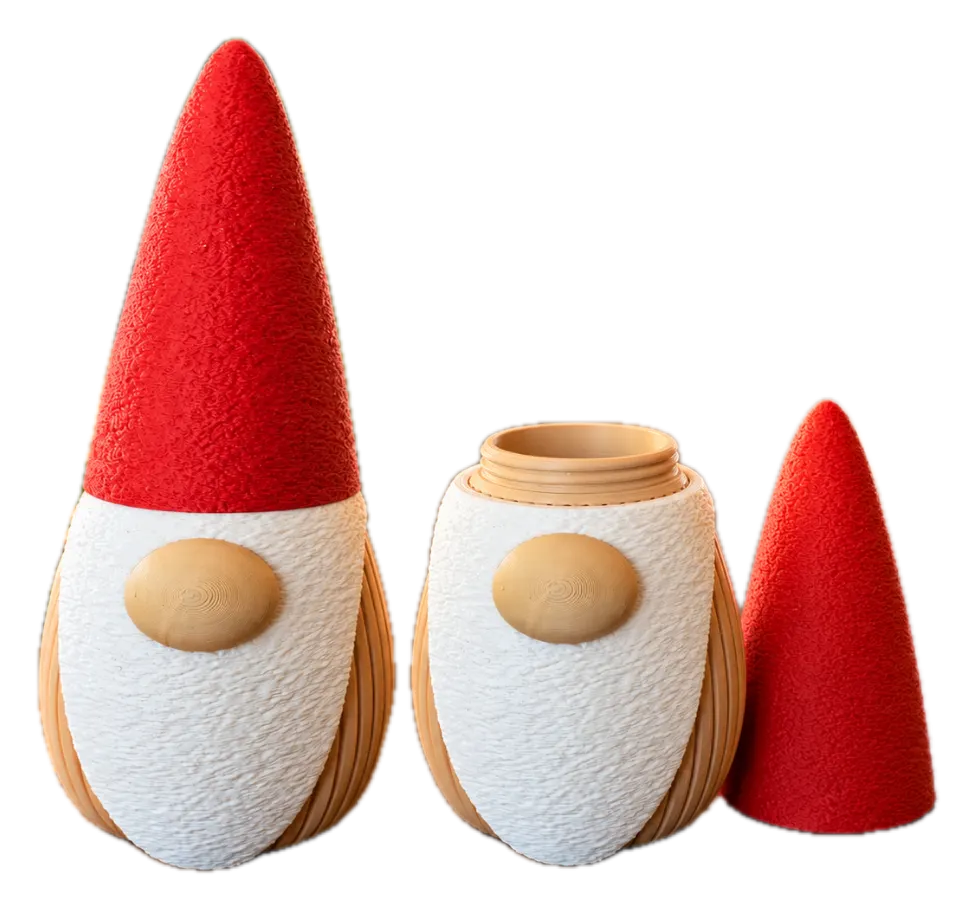 Kleine grommel rood, 3D-geprinte kabouter met grote rode muts, houten neus en witte baard
